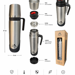 Termo 3 en 1 Mete-Sante (con mate y bombilla) inoxidable negro 1L