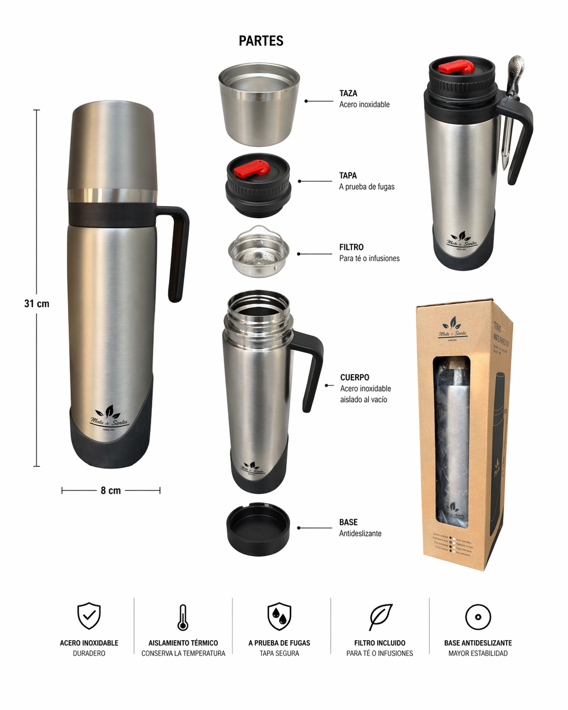 Termo 3 en 1 Mete-Sante (con mate y bombilla) inoxidable negro 1L 4 Termo 3 en 1 Mete-Sante (con mate y bombilla) inoxidable negro 1L - Imagen 2