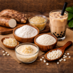 Productos de tapioca en mesa rustica